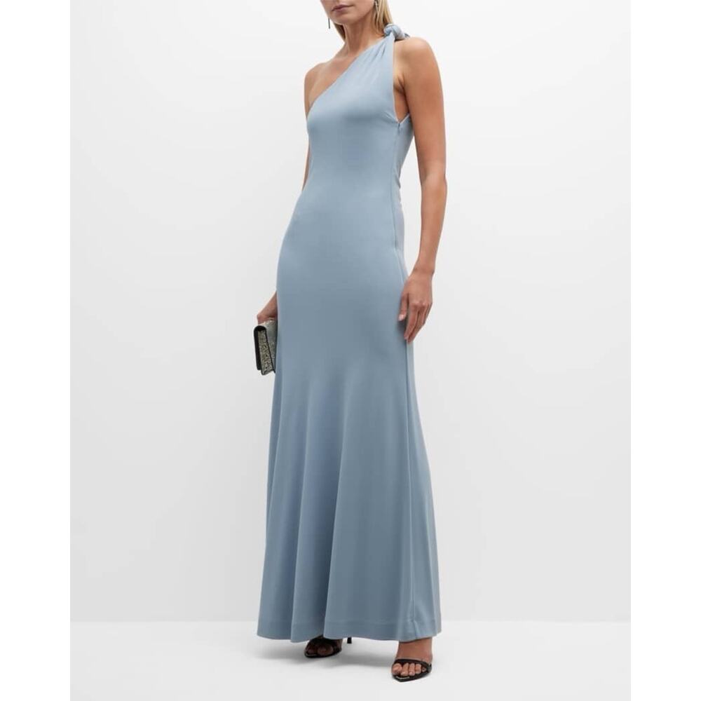 Bite Studios Point Knotted One Shoulder Dusty Blue Minimalist Maxi Event Dress